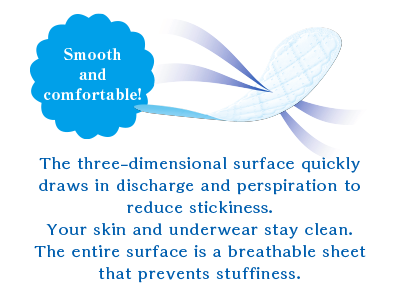 Smooth and comfortable! The three-dimensional surface quickly draws in discharge and perspiration to reduce stickiness. Your skin and underwear stay clean. The entire surface is a breathable sheet that prevents stuffiness.