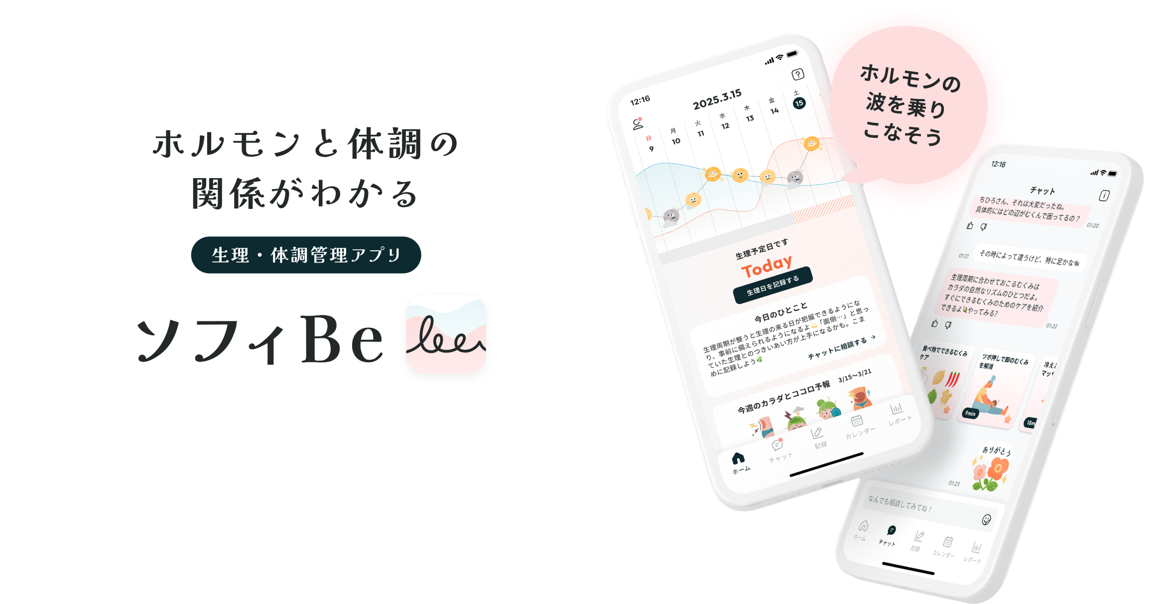 ホルモンと体調の関係がわかる生理管理アプリ　ソフィBe　ホルモンの波を乗りこなそう