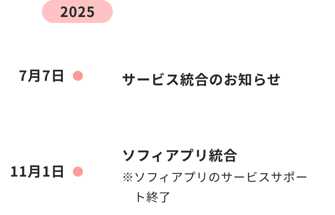 2025年7月7日 サービス統合のお知らせ 2025年11月1日 ソフィアプリ統合 ※ソフィアプリのサービスサポート終了
