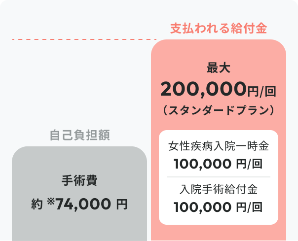 子宮筋腫：自己負担額率74,000円に対し、スタンダードプランなら最化200,000円給付