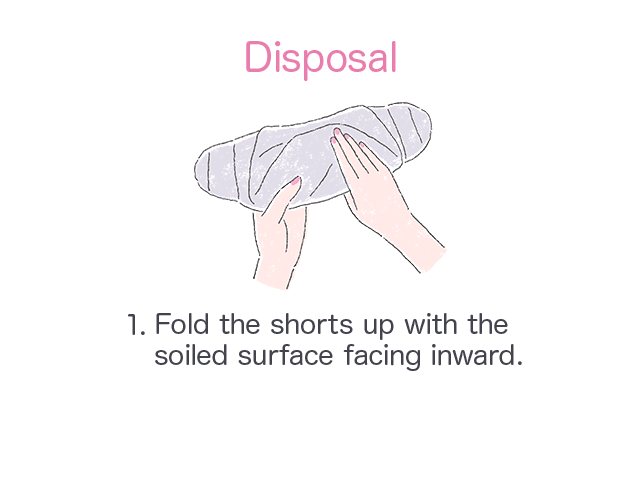 Disposal 1.Fold the shorts up with the soiled surface facing inward. 2.Roll the shorts up   from one end. 3.Seal the shorts with the tape from the opposite side. Wrap them up in their individual wrapping and dispose!