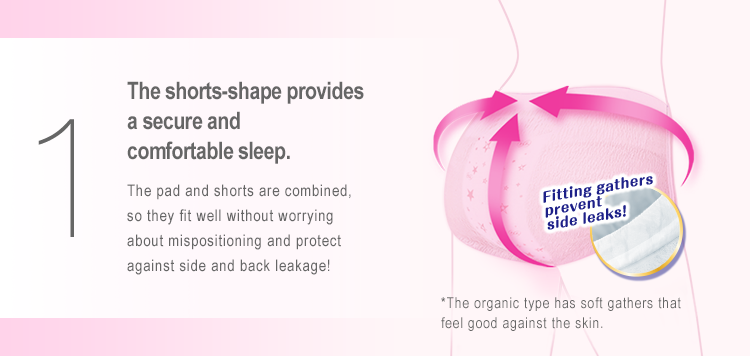 1 The shorts-shape provides a secure and comfortable sleep. The pad and shorts are combined, so they fit well without worrying about mispositioning and protect against side and back leakage! *The organic type has soft gathers that feel good against the skin.