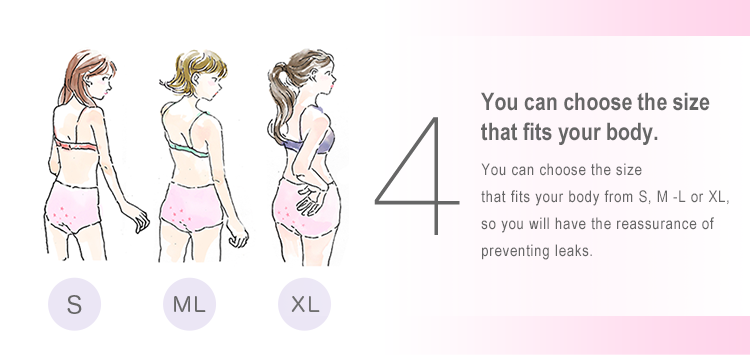 4 You can choose the size that fits your body. You can choose the size that fits your body from S, M -L or XL, so you will have the reassurance of preventing leaks.