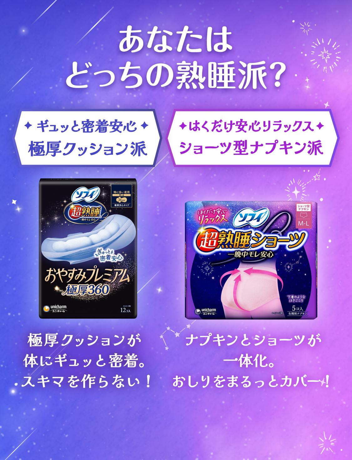 あなたはどっちの熟睡派？　ギュッと密着安心　極厚クッション派　極厚クッションが体にギュッと密着。スキマを作らない！　はくだけ安心リラックス　ショーツ型ナプキン派　ナプキンとショーツが一体化。おしりをまるっとカバー！