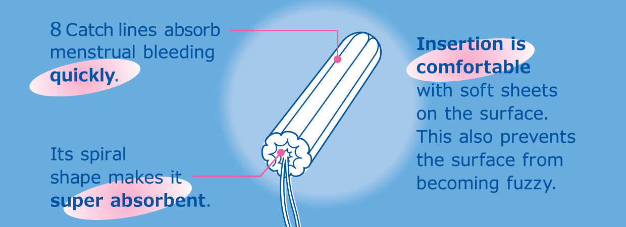 8 Catch lines absorb menstrual bleeding quickly. Its spiral shape makes it super absorbent. Insertion is comfortable with soft sheets on the surface. This also prevents the surface from becoming fuzzy.