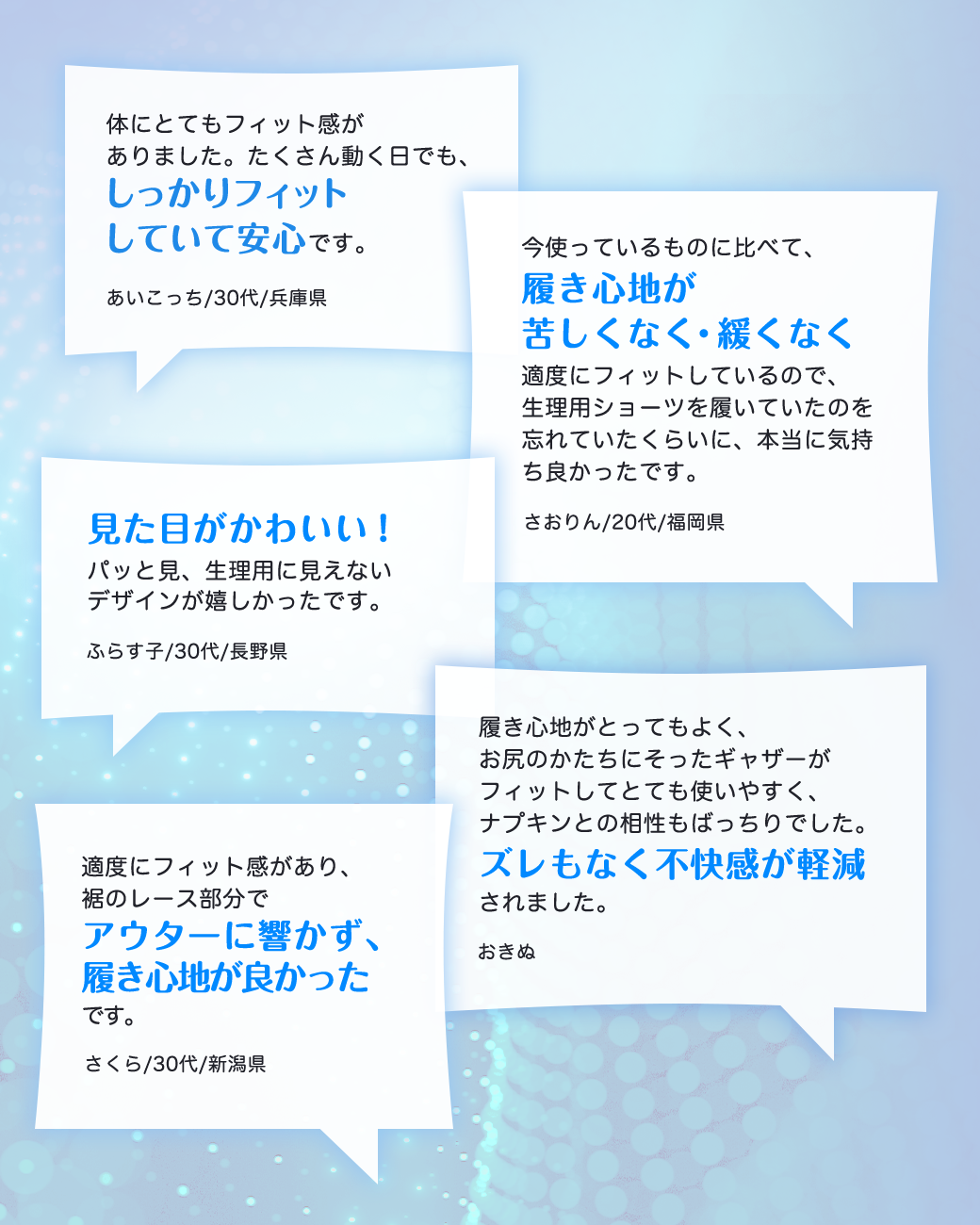 体にとてもフィット感がありました。たくさん動く日でも、しっかりフィットしていて安心です。 あいこっち／30代／兵庫県 今使っているものに比べて、履き心地が苦しくなく・緩くなく適度にフィットしているので、生理用ショーツを履いていたのを忘れていたくらいに、本当に気持ち良かったです。 さおりん／20代／福岡県 見た目がかわいい！パッと見、生理用に見えないデザインが嬉しかったです。 ふらす子／30代／長野県 履き心地がとってもよく、お尻のかたちにそったギャザーがフィットしてとても使いやすく、ナプキンとの相性もばっちりでした。ズレもなく不快感が軽減されました。 おきぬ 適度にフィット感があり、裾のレース部分でアウターに響かず、履き心地が良かったです。 さくら／30代／新潟県