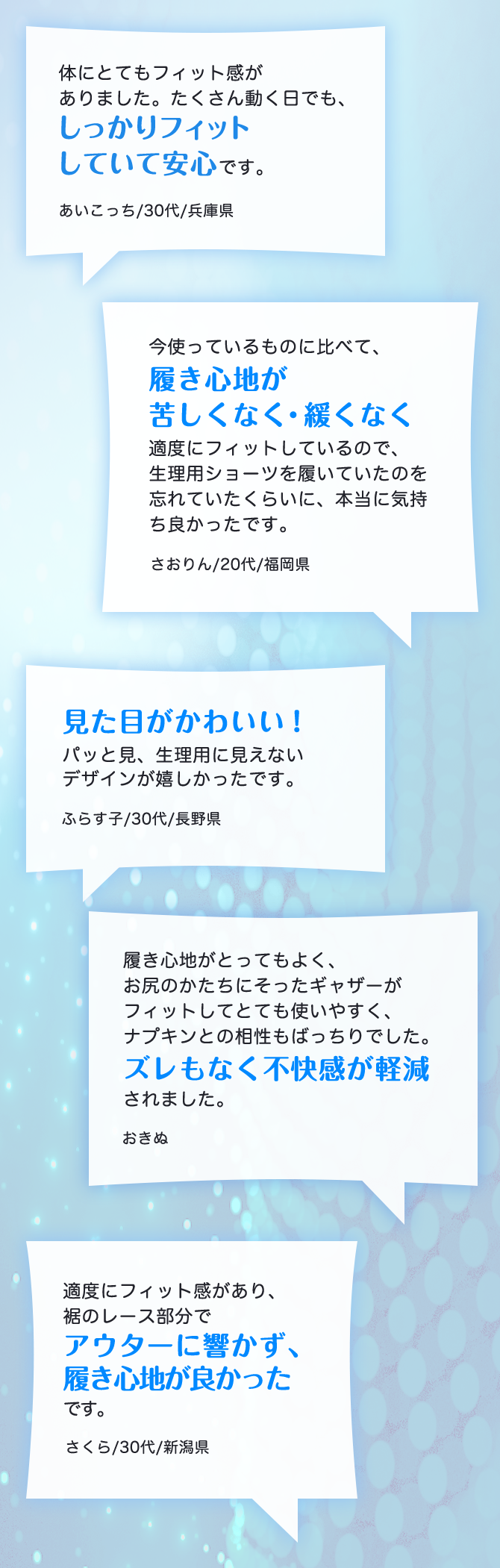 体にとてもフィット感がありました。たくさん動く日でも、しっかりフィットしていて安心です。 あいこっち／30代／兵庫県 今使っているものに比べて、履き心地が苦しくなく・緩くなく適度にフィットしているので、生理用ショーツを履いていたのを忘れていたくらいに、本当に気持ち良かったです。 さおりん／20代／福岡県 見た目がかわいい！パッと見、生理用に見えないデザインが嬉しかったです。 ふらす子／30代／長野県 履き心地がとってもよく、お尻のかたちにそったギャザーがフィットしてとても使いやすく、ナプキンとの相性もばっちりでした。ズレもなく不快感が軽減されました。 おきぬ 適度にフィット感があり、裾のレース部分でアウターに響かず、履き心地が良かったです。 さくら／30代／新潟県