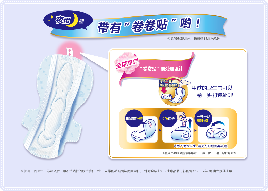夜用型带有”卷卷贴”哟！ ※柔滑型29厘米，极薄型29厘米除外 全球首创”卷卷贴”易处理设计 附带一卷成团的卷卷贴 用过的卫生巾可以一卷一贴打包处理 将背面胶带 拉伸两倍 一卷一贴刚好绑住 ※为了确保卫生，请另行打包丢弃处理 ＊极薄型40厘米附带卷卷贴，一翻一拉，一卷一贴打包处理。※把用过的卫生巾卷起来后，用不带粘性的胶带缠住卫生巾自带的黏贴面从而固定住。 针对全球主流卫生巾品牌进行的调查 2017年9月由尤妮佳主导。