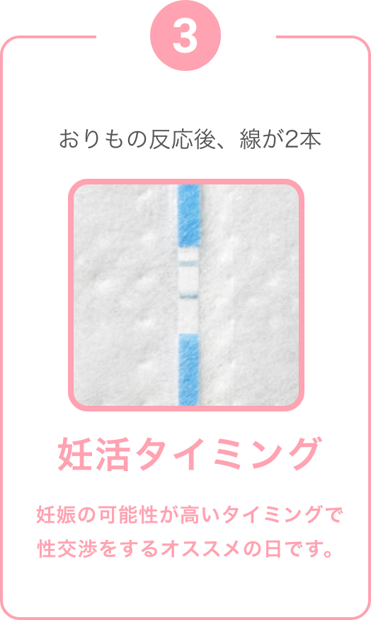 ③おりもの反応後、線が2本　妊活タイミング　妊娠の可能性が高いタイミングで性交渉をするオススメの日です。