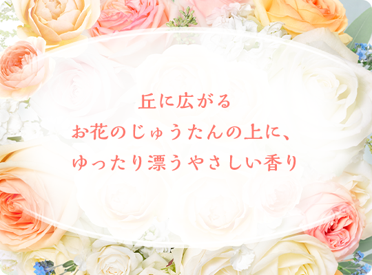 丘に広がるお花のじゅうたんの上に、ゆったり漂うやさしい香り