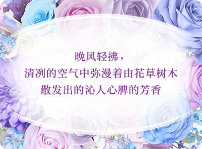 晚风轻拂，清冽的空气中弥漫着由花草树木散发出的沁人心脾的芳香