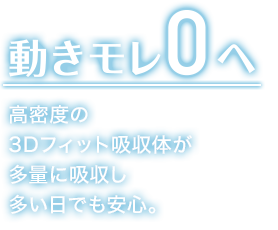 動きモレ0へ 高密度の 3Dフィット吸収体が 多量に吸収し 多い日でも安心。