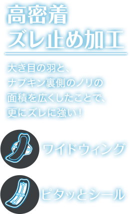 高密着ズレ止め加工 大き目の羽と、ナプキン裏側のノリの 面積を広くしたことで、更にズレに強い！