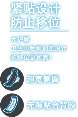 紧贴设计防止移位 大护翼卫生巾后侧加宽设计抗移位更可靠！