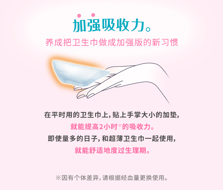 加强吸收力。 养成把卫生巾做成加强版的新习惯 在平时用的卫生巾上，贴上手掌大小的加垫，就能提高2小时※的吸收力。 即使量多的日子，和超薄卫生巾一起使用，就能舒适地度过生理期。 ※因有个体差异，请根据经血量更换使用。