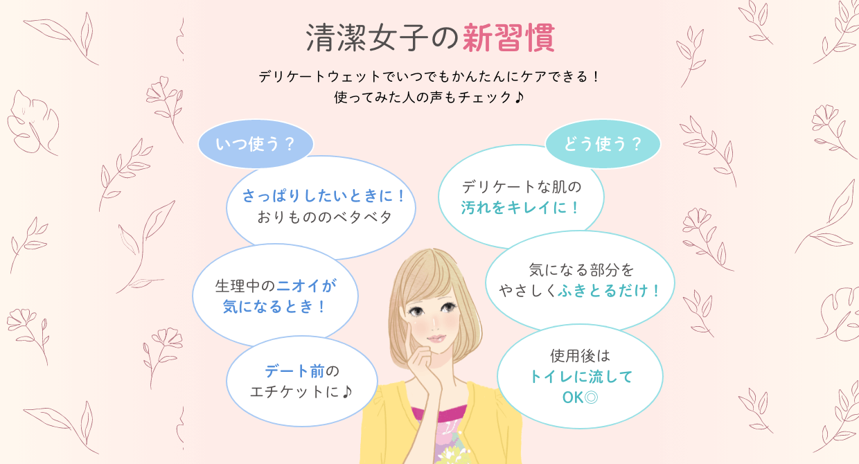 清潔女子の新習慣 デリケートウェットでいつでもかんたんにケアできる！ 使ってみた人の声もチェック♪ いつ使う？ さっぱりしたいときに！おりもののベタベタ 生理中のニオイが気になるとき！ デート前のエチケットに♪ どう使う？ デリケートな肌の汚れをキレイに！ 気になる部分をやさしくふきとるだけ！ 使用後はトイレに流してOK◎