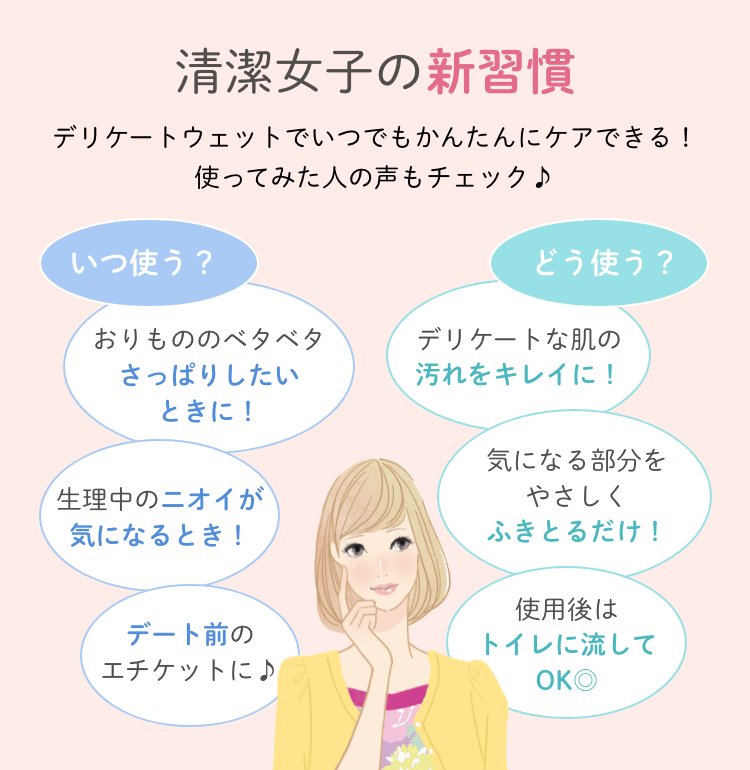清潔女子の新習慣 デリケートウェットでいつでもかんたんにケアできる！ 使ってみた人の声もチェック♪ いつ使う？ さっぱりしたいときに！おりもののベタベタ 生理中のニオイが気になるとき！ デート前のエチケットに♪ どう使う？ デリケートな肌の汚れをキレイに！ 気になる部分をやさしくふきとるだけ！ 使用後はトイレに流してOK◎